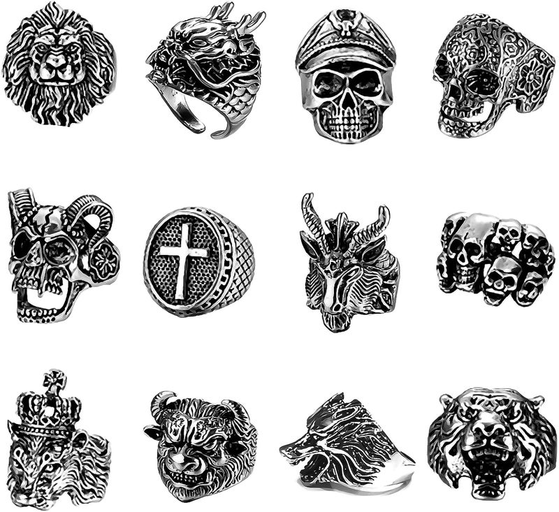 MollyQueen 12 Pieces Vintage Punk Rings Set, Stainless Steel Gothic Biker Adjustable Rings Skeleton Skull Tiger Ring Drgon Lion Head Ring - Image 1